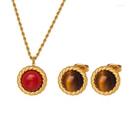 Pendant Necklaces INS Tiger Eye Stone Red Turquoise Earrings Twist Chain Natural Pendatn Necklace Set For Women Waterproof Jewelry Gift