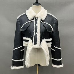 Women's Leather 2023 Genuine Sheepskin Shearling Coats Women Real Jacket Thick Warm Winter Stand Collar Crop NOB5893
