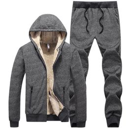 Men's Tracksuits Winter Thick Warm Fleece Tracksuit Men Sets 2 Piece Hooded Jacket Track Pants Casual Sportswear Sweat Suits 293e