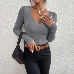 Womens Sweaters Autumn Winter Women Gray Rib Knit V Neck Stripe Pull Sweater Female Y2k Long Sleeve Pullover Jersey Tops Fashion Clothes 231007