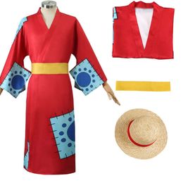 New Anime Luffy Cosplay Monkey D. Luffy Cosplay Costume Red Kimono Straw Hat Full Set Halloween Carnival Party Costume for Adultcosplay 615