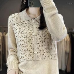 Women's Sweaters Heavy Hand Crocheted Cashmere Sweater Women POLO Lapel Solid Colour Thick Loose Wool Knit Bottoming.