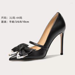 Dress Shoes Spring And Summer Pointy Pearl Satin Bow Flat Sole Single Thin High Heels Banquet Large Small Women's