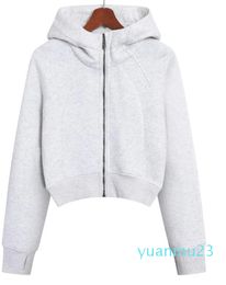 Crop Scuba Hoodie Full Zipper Womens Fleece Thickened Yoga Jacket Sport Hooded Loose Coat Cardigan Sweatshirt