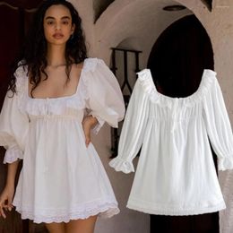 Casual Dresses Withered 2023 Summer Dress French Style Vintage Fashion Cotton And Linen Spliing Lantern Sleeve Elegant White Women