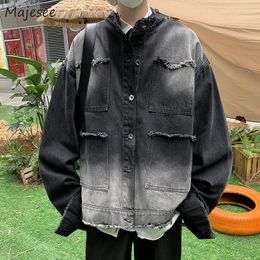 Men's Jackets Denim Men Fur-lined Loose Simple Gradient Casual Coats Chic Outwear High Street Autumn All-match Trendy Vintage Ins