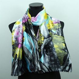 1pcs Pink Lily Flower Dark Grey Scarves Women's Fashion Satin Oil Painting Shawl Beach Silk Scarf 160X50cm276i