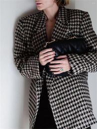 Women's Jackets Women Houndstooth Silhouette Woollen Jacket Autumn Winter 2023 Ladies Shoulder Pad Notched Double Breasted Blazer Coat