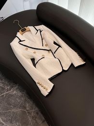 2023 Autumn White / Black Contrast Colour Contrast Trim Tweed Blazers Long Sleeve Notched-Lapel Panelled Double-Breasted Outwear Coats O3O072332