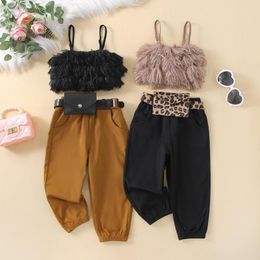 Clothing Sets Mildsown Girls Summer 3 Pieces Outfits Spaghetti Strap Furry Tank Tops Casual Long Pants Waist Bag For Kids 1-6 Years