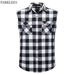 Fashion Cowboy Sleeveless Plaid Shirt Men Casual Flannel Cotton Snap Shirts Mens Double Pocket Beach Party Vest Checkered Top 2105301E