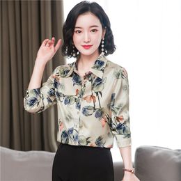 Retro Floral Silk Satin Girl Blouses Luxury Designer Elegant Graphic Plus Size Shirt Autumn Winter Lapel Classic Button Up Shirts 2023 Office Ladies Runway Chic Tops