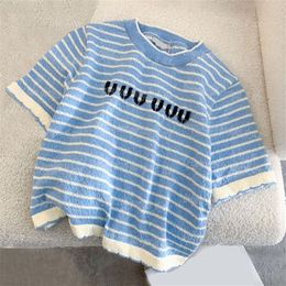 Women Knitted T Shirt Contrast Color White Blue Striped Tees Short Sleeve Cropped Jumper Tops2930
