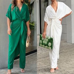 Women's Two Piece Pants Women Solid Colour Casual Jumpsuit Batwing Sleeve V-Neck Straight With Wrap Skirt 2pcs Simple Elegant Beach Playsuits