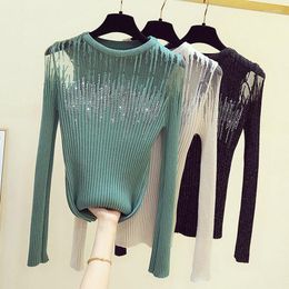 Women's Sweaters Diamonds Thin Knitted Sweater Lady Hollow Out Women 2023 Autumn Sexy Tops Bright Wire Pullover Woman Clothes