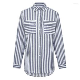 Women's Polos 2023 Pocket Cotton Polyester Stripe Single-breasted Long-sleeved Shirt Top Women Blusas Polo