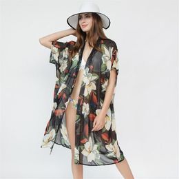 Fashion Folral Printed Cardigan Bikini Cover Up Chiffon Summer Beach Dress Swimwear Women Kaftan Tunic Shawl Swimsuit Sarongs266i