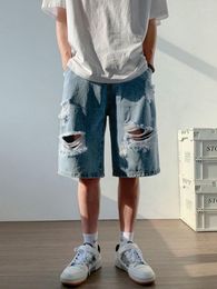 Jeans da uomo Estate Moda uomo Foro strappato corto Streetwear Pantaloncini di jeans larghi vestibilità Cowboy casual Lunghezza al ginocchio Hip Hop dritto