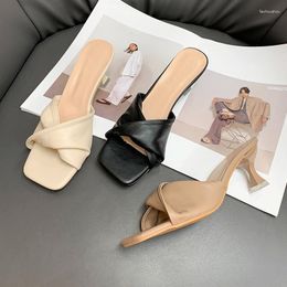 Sandals Summer Pleated Slideshow Women's Brand Design Medium Heel Open Toe Outdoor Slippers Women