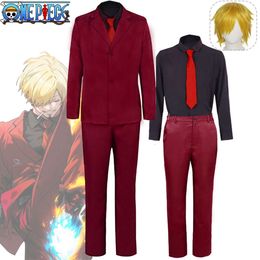 Anime Pirates Sanji Cosplay Costume Men Sanji Red Uniform Suit Wig Halloween Costume for Mencosplay