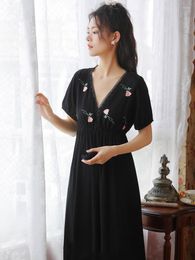 Women's Sleepwear Black Women Summer Short Sleeve V-Neck Nighty Princess Cotton Lace Sexy Nightdress Victorian Nightgowns Pyjamas