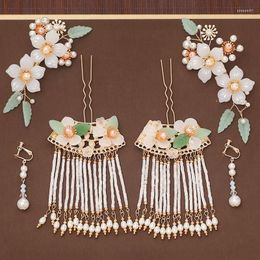 Hair Clips Women's White Glass Flowers With Beads Fringe Hairpin Earrings Set Chinese Hanfu Accessories