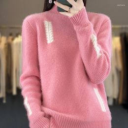 Women's Sweaters Autumn And Winter Merino Wool Semi-high Neck Thick Sweater Color Matching Knit Pullover Long Sleeve Casual Top