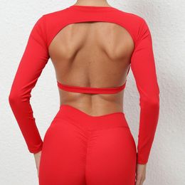 Yoga Outfit Women Long Sleeve Soft Comfortable Quick Dry Open Back Crop T Shirt Solid Color Outdoor Mountain Climbing Top