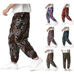 2022 Happyjeffery Ethnic Style Men Harem Pants Cotton Linen Sport Casual Trousers Graffiti Print Drawstring Middle Waist Loose Bag181H