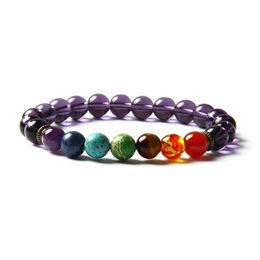 7 Chakra Healing Stone Yoga Meditation Bracelet 8mm Purple Glass Beads With Natural Sediment Tiger Eye Stone And Crystal Str2211