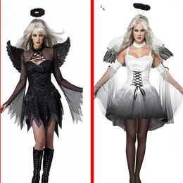 White Black Devil Fallen Angel Costume Women Sexy Halloween Party Clothes Adult Costumes Fancy Dress Head Wear Wing257Y