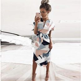 Summer Dress Lady Beach Out Female V Neck Maxi Geometric Output Beach Dress Women 'S Dress with Belt Vestidos Newest217z