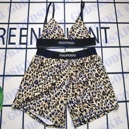 Designer Bikini Leopard Bra Shorts Set Sexy V Neck Underwear Womens Swim Trunk Fashion Crop Tops Four Colors2068