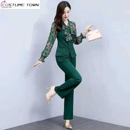 Women's Two Piece Pants Vintage Printed Bow Tie Chiffon Shirt Blouse Casual Pencil Elegant Set Office Outfits Temperament Clothing