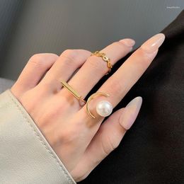 Cluster Rings 3pcs /set Bohemian Gold Colour Chain Set For Women Fashion Imitation Pearls Boho Moon Party 2023 Trend Jewellery Gift