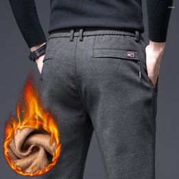 Men's Pants Winter Warm Casual Straight Business Fleece Fashion Black Grey Trousers Male Stretch Waist Thicken Work