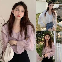 Women's Blouses Shirts Spring Autumn Chiffon Loose V-neck Fitting Ruffled Thin Style Design Feel Breathable