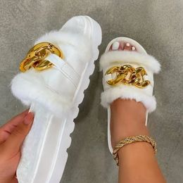 Slippers Winter Plush Slippers Fashion Open Toe Solid Colour Women's Sandals Metal Chain Outdoor Casual Women's Shoes Fashion Shoes 231007