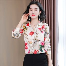 Retro Floral White Shirt Silk Satin Women Designer Classic Lapel Casual Shirts 2023 Autumn Winter Long Sleeve Runway Graphic Shirts Plus Size Office Lady Casual Tops