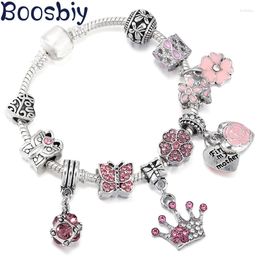 Charm Bracelets ButterflY Flutter In Pink Romantic Flowers Bracelet With Crown Pendant Fit Jewellery Gift DIY Making For Women