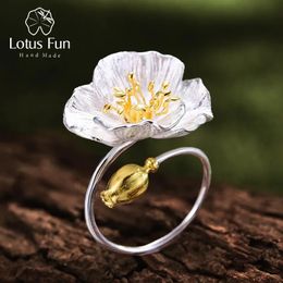 Solitaire Ring Lotus Fun Real 925 Sterling Silver Adjustable Handmade Designer Fine Jewelry Blooming Poppies Flower Rings for Women Bijoux 231007