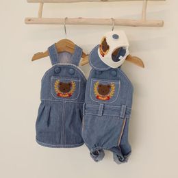 Dog Apparel Winter INS Cute Korean College Style Denim Jumpsuit Clothes Embroidered Bear Series Skirt Jeans Cotton Pet Suit Gift