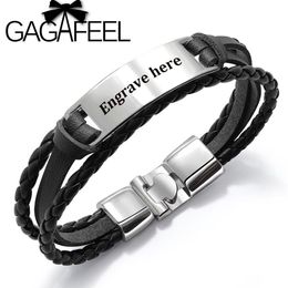 GAGAFEEL 4 Colours Custom Engrave Bangle For Men Punk Multilayer Bracelet Stainless Steel PU Leather Bangle Special Gift For Male2351