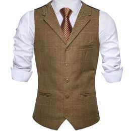 Men's Vests Barry Wang Men Suit Vest Olive Plaid Waistcoat Wool Blend Tailored Collar V-neck 3 Pocket Tie Set Formal Leisure 269V
