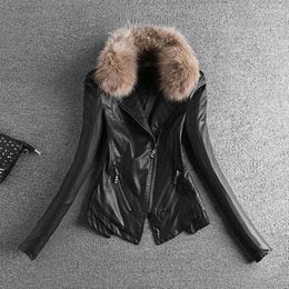 Women's Leather Autumn And Winter Warm Jacket WomenThicken Clothes Black Real Fur Collar Coat Motorcycle