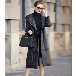 Women's Leather Down Coat Winter Hooded Sheepskin Thicken Black Warmer Genuine Outerwear Long Casual Trench