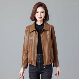 Women's Leather Black Real Short Slim-Fit Coat Spring And Autumn Slimming Waist Korean Version Lapel Long Sleeve Zipper