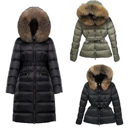 Designer women's hooded down jacket winter outdoor warm long jacket coat is really raccoon fur collar warm trench coat with belt ladies cotton coat coat big pocket