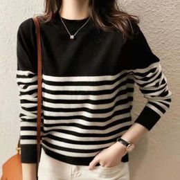 Women's Sweaters Autumn Winter Black White Striped Knitting Pullovers Long Sleeve O-Neck Slim All-match Elegant Fashion Women Clothing