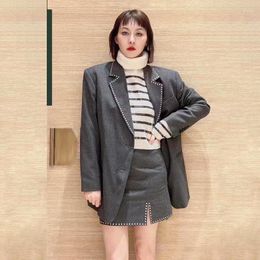 Women's Jackets Women Diamond Decoration Set Autumn 2023 Notched Collar Long Sleeve Ladies Single Breasted Jacket Female Slit Hem Mini Skirt